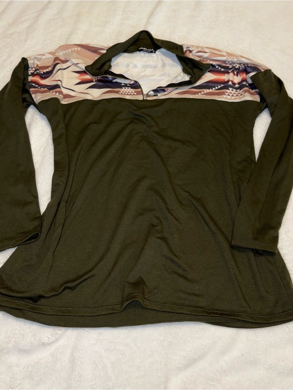 HEIMISH USA Olive Quarter-Zip Pullover with Aztec Yoke